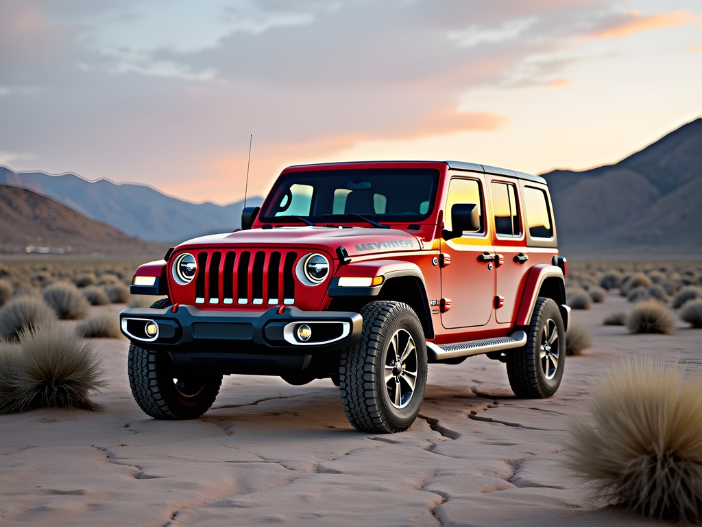 Rented Jeep Wrangler parked on desert hardpan in Fernley with mountains in background
