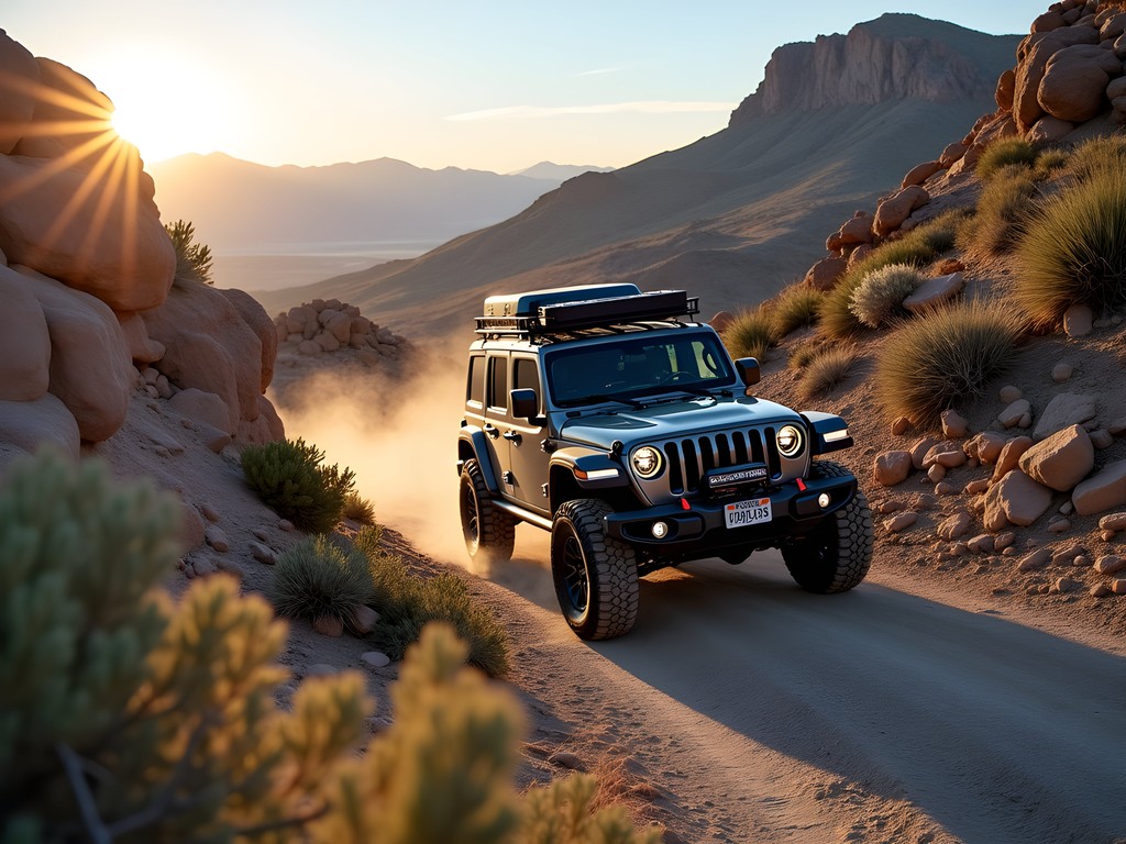 Off-road vehicle navigating rocky desert trail with mountains in background near Fernley