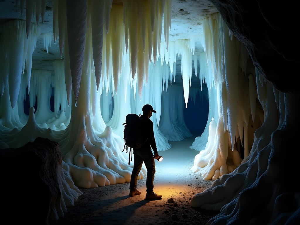 Caver exploring a pristine limestone formation in Desert Shadow Cave system near Fernley
