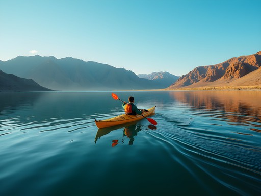 Kayaker on Lahontan Reservoir with desert mountains in background near Fernley, Nevada