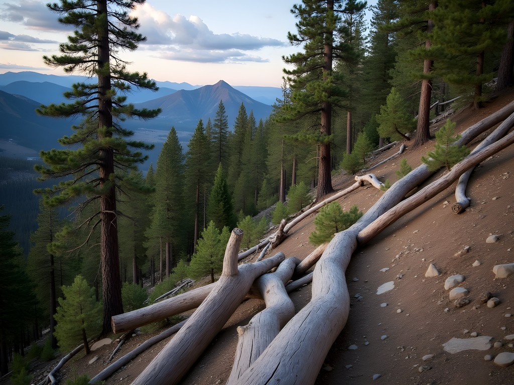 View of 2005 avalanche scar on Abineau Trail with new growth emerging among fallen trees