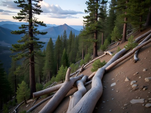 View of 2005 avalanche scar on Abineau Trail with new growth emerging among fallen trees