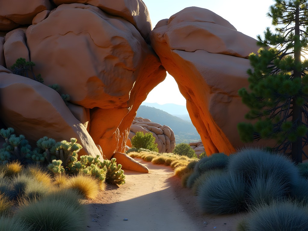 Hiker passing through narrow passage between massive volcanic boulders on Fatman's Loop Trail