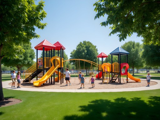 Modern playground equipment at Clemmons Park in Fremont with families enjoying the facilities