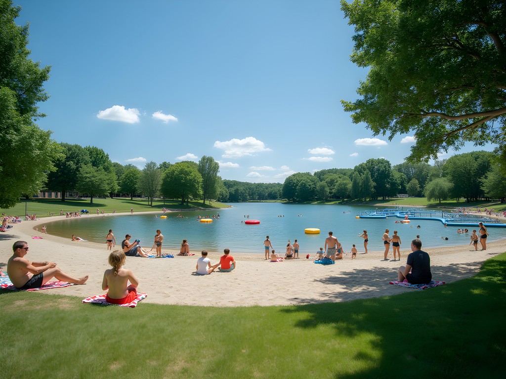 Sandy beach area at Lake Leben in Fremont, Nebraska with families enjoying summer activities