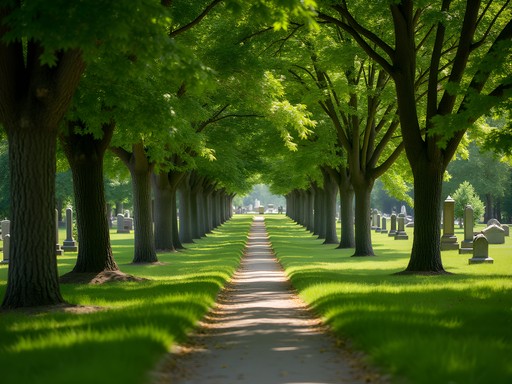 Tree-lined pathway of Ridge Cemetery Trail in Fremont with historic monuments visible among greenery