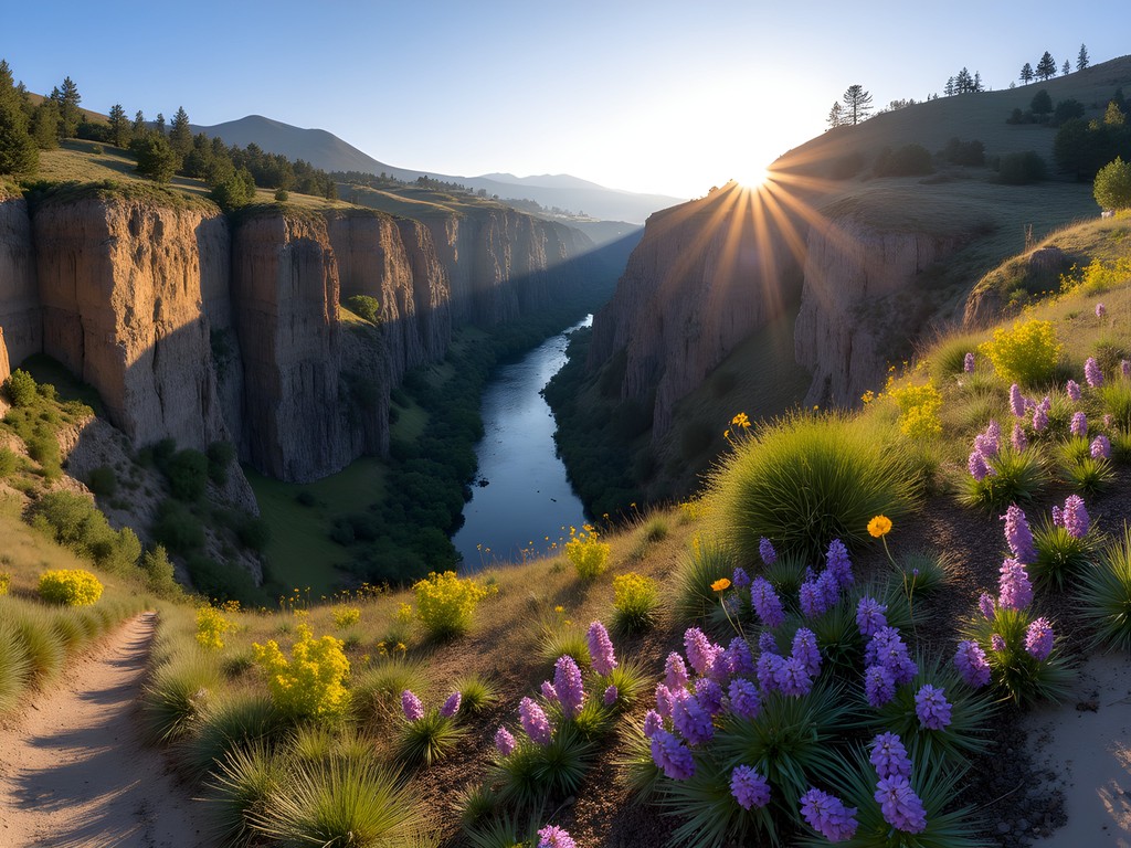 Panoramic view of San Joaquin River Gorge with wildflowers in spring
