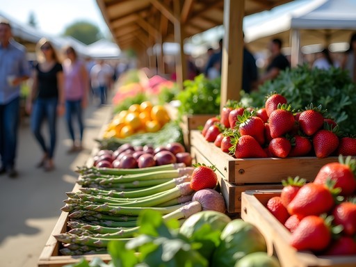 Colorful produce displays at Vineyard Farmers Market in Fresno