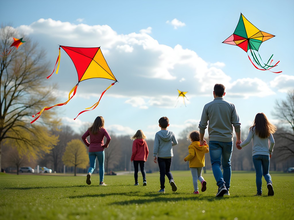 Family flying kites at Blohm Park in Gaithersburg taking advantage of natural wind tunnel effect