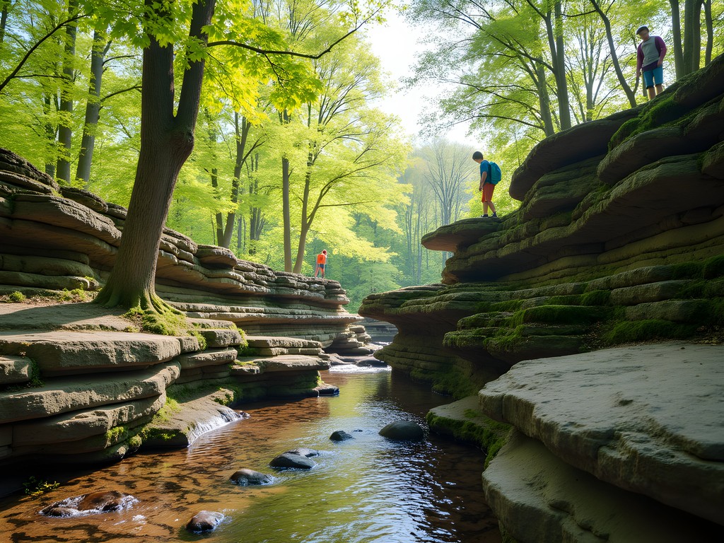 Distinctive rock formations at Malcolm King Park in Gaithersburg with spring vegetation