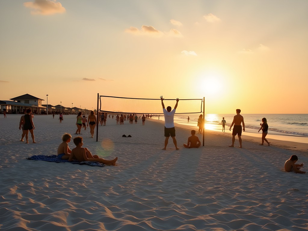 Gulfport Mississippi public beach at sunset with families playing volleyball and relaxing on sand