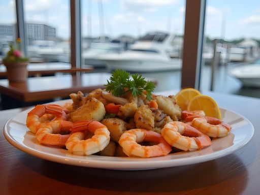 Fresh Gulf shrimp and seafood at waterfront restaurant in Gulfport Mississippi harbor