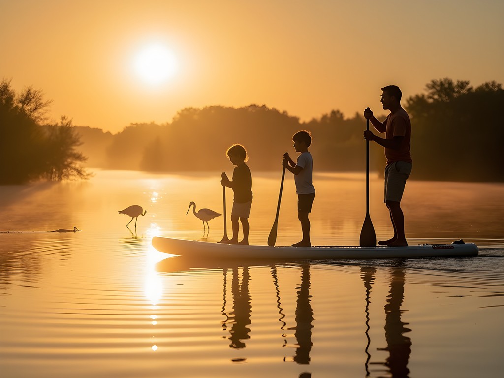 Family paddleboarding in calm Back Bay waters near Gulfport Mississippi during golden hour