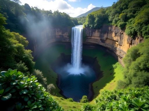Panoramic view of 442-foot Akaka Falls with lush tropical surroundings