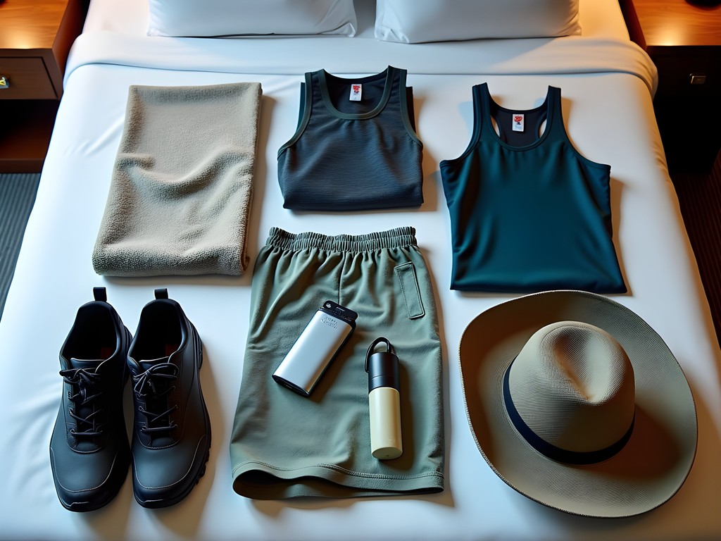 Waterfall hiking essentials for Hilo laid out on hotel bed