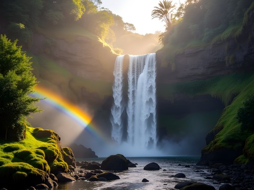 Man standing at Rainbow Falls viewpoint with morning rainbow visible