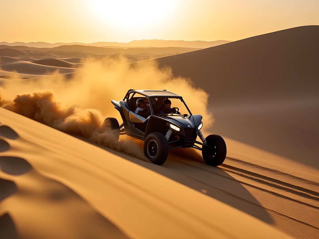 Dune buggy racing across Huacachina sand dunes at sunset