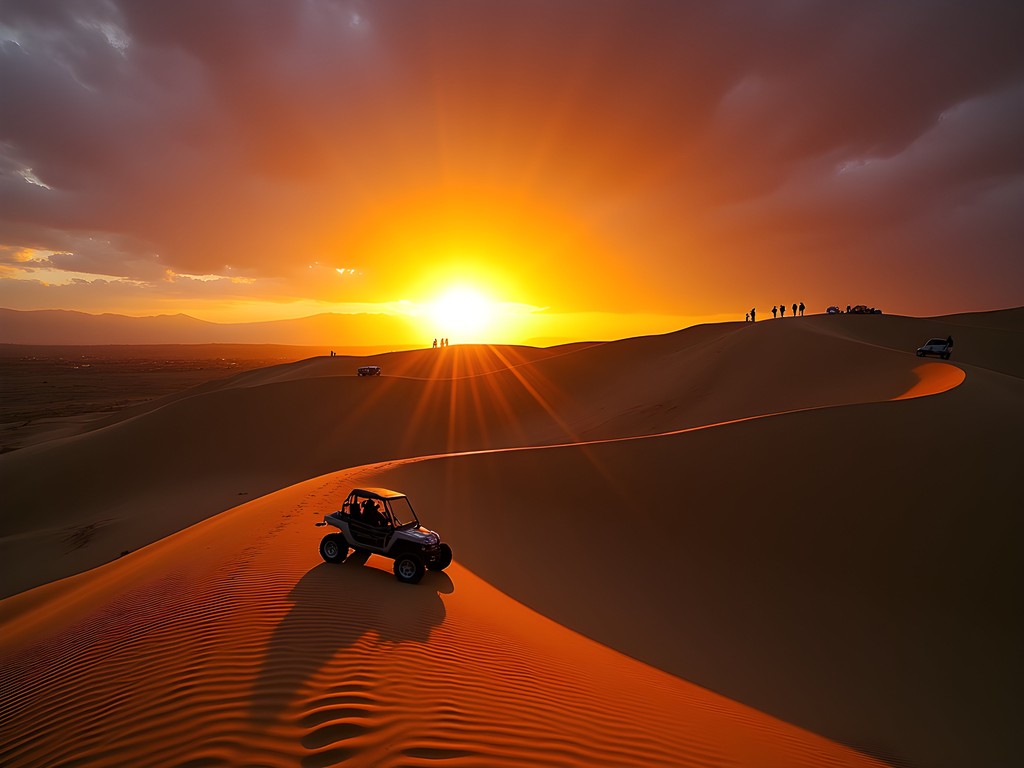 Golden sunset over Huacachina sand dunes with silhouettes