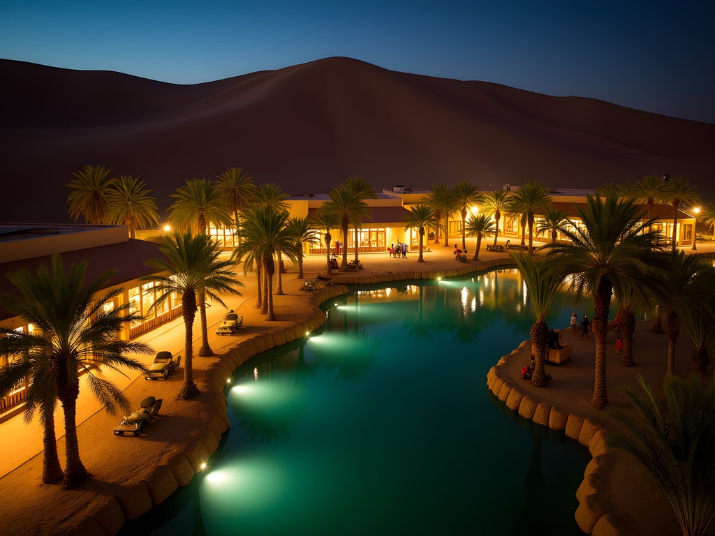 Huacachina oasis at night with restaurants and bars illuminated around the lagoon