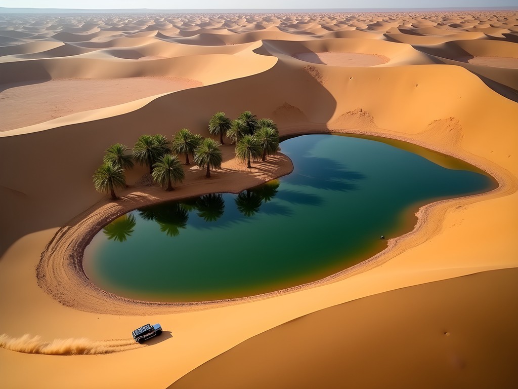 Aerial view of Huacachina oasis surrounded by massive sand dunes
