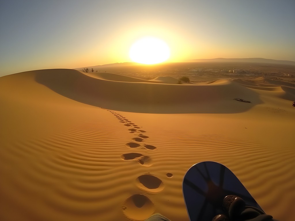 Traveler sandboarding down a steep dune in Huacachina