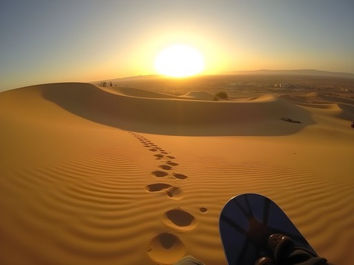 Traveler sandboarding down a steep dune in Huacachina