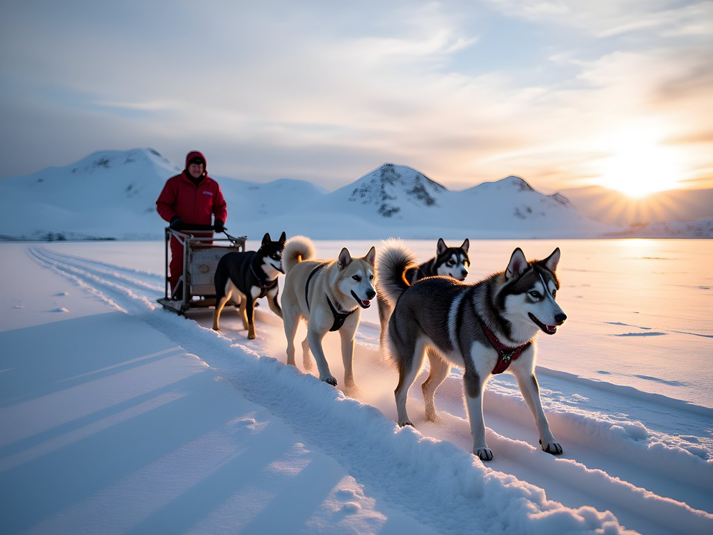 Dog sledding expedition across frozen Frobisher Bay near Iqaluit