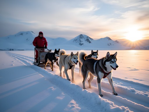 Dog sledding expedition across frozen Frobisher Bay near Iqaluit