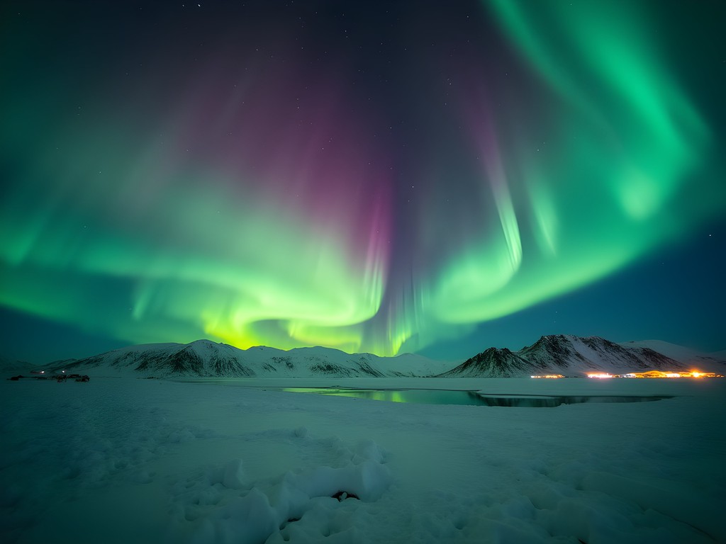 Spectacular Northern Lights display over snowy landscape near Iqaluit