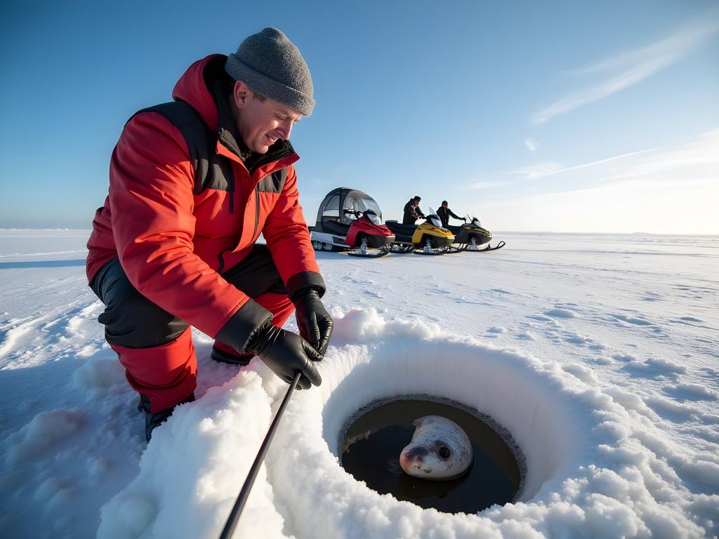 Traditional Inuit ice fishing experience on frozen Frobisher Bay