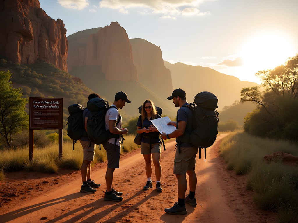Family preparing for hike at Isalo National Park entrance with local guide