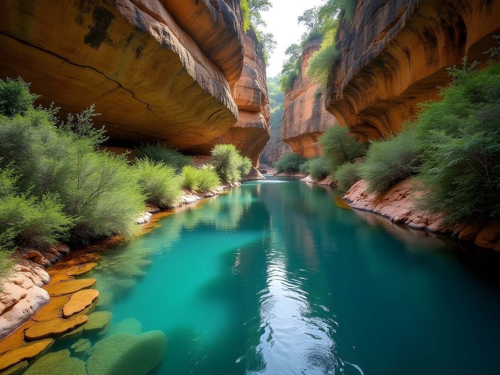 Natural swimming pool in Monkey Canyon with sandstone cliffs