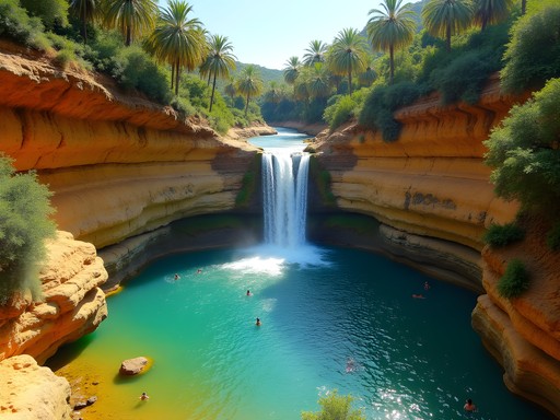 Waterfall cascading into natural swimming pool at Piscine Naturelle in Isalo National Park