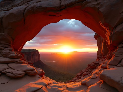 Sunset viewed through La Fenêtre natural rock arch in Isalo National Park