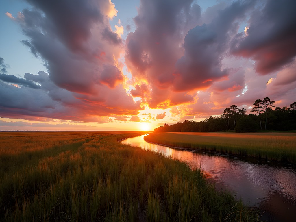 Golden sunset over salt marsh at Cedar Point Preserve in Jacksonville