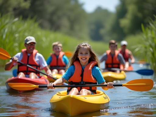 Multi-generational family group kayaking through Jacksonville wetlands in spring