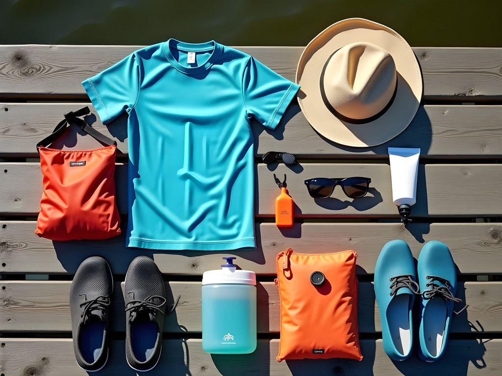 Organized kayaking gear laid out including sun protection clothing, water bottles, and safety equipment
