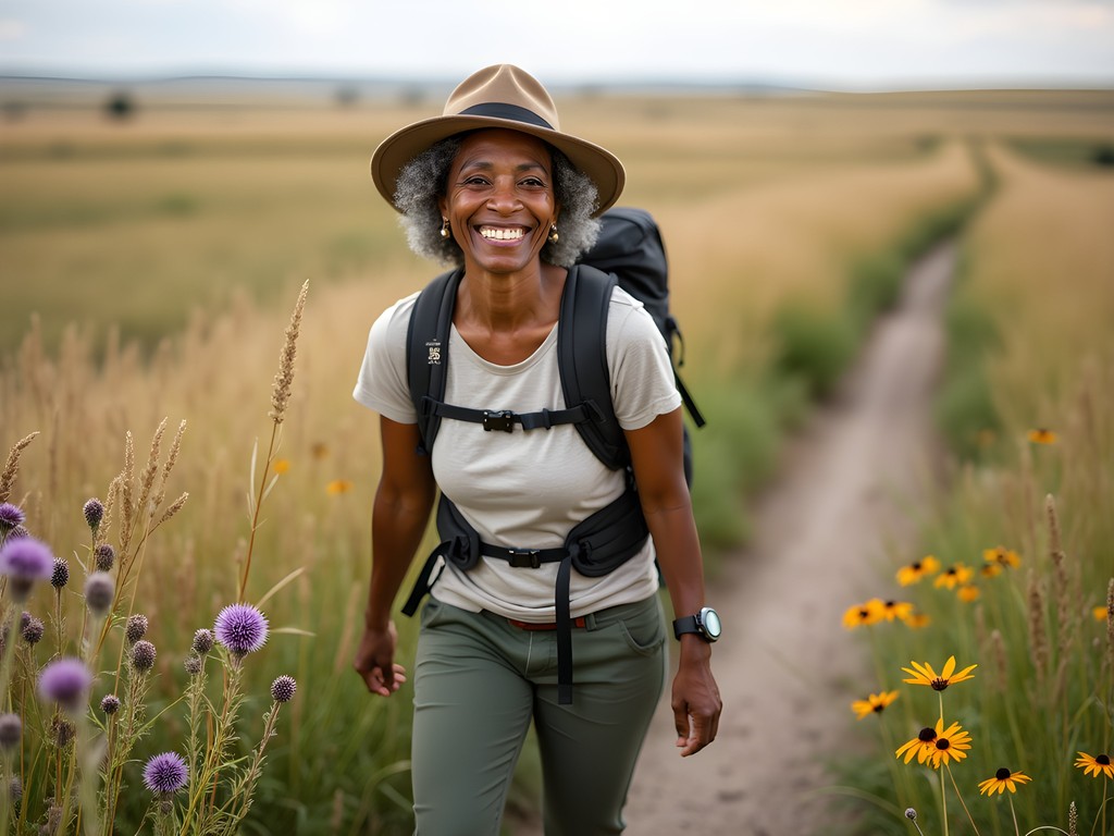 Woman hiking through prairie wildflowers on Pipestem Creek Trail in Jamestown