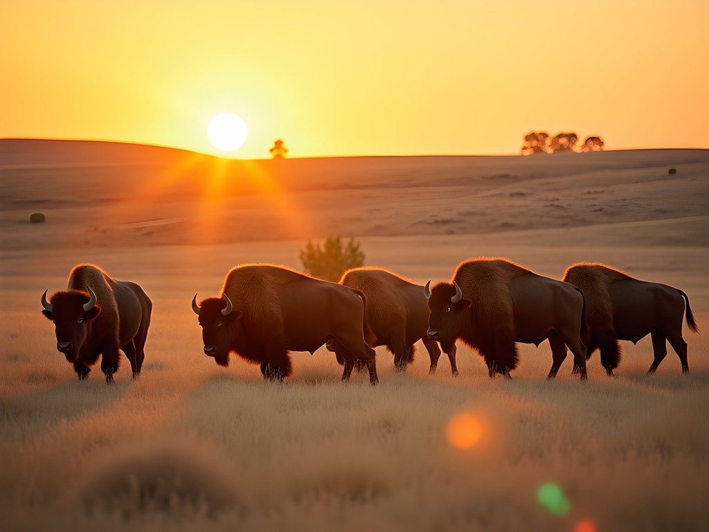 Bison herd grazing on native prairie at sunset in Jamestown, North Dakota
