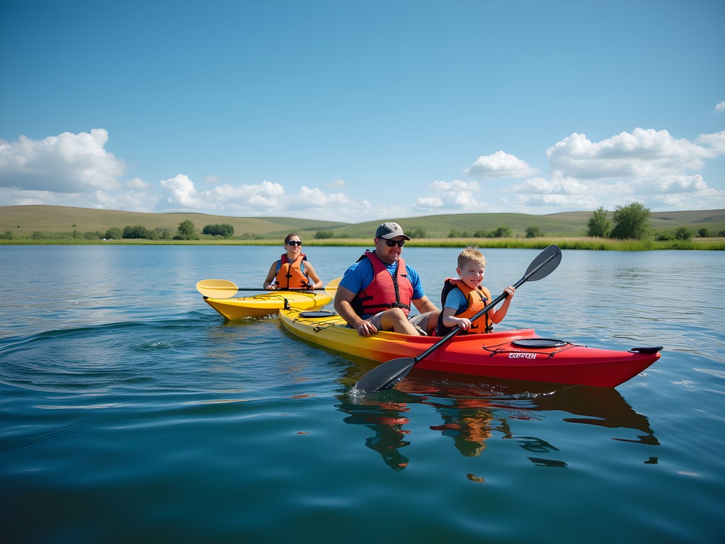 Family kayaking on Jamestown Reservoir with prairie landscape in background