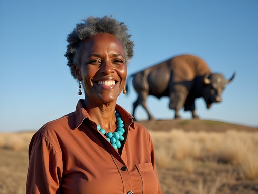 African American woman standing near World's Largest Buffalo Monument in Jamestown, North Dakota