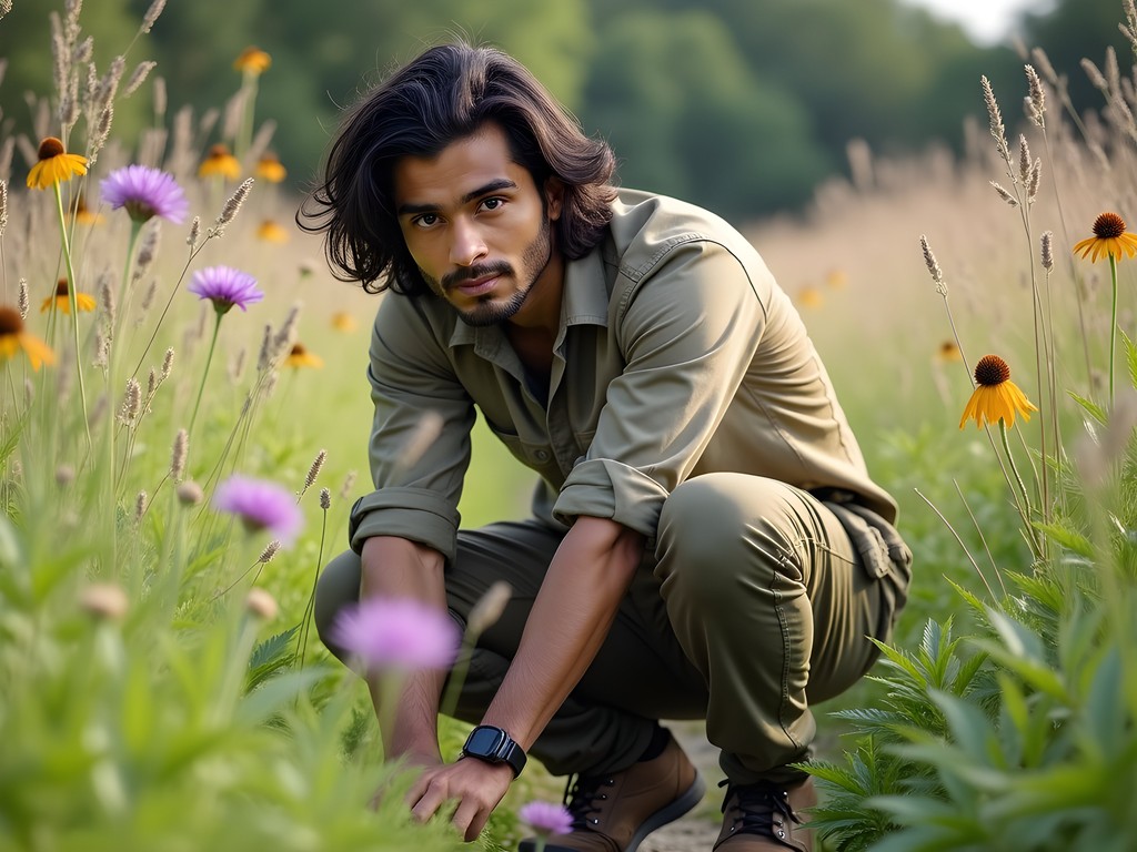 Wildlife biologist examining native prairie plants on trail at Midewin National Tallgrass Prairie