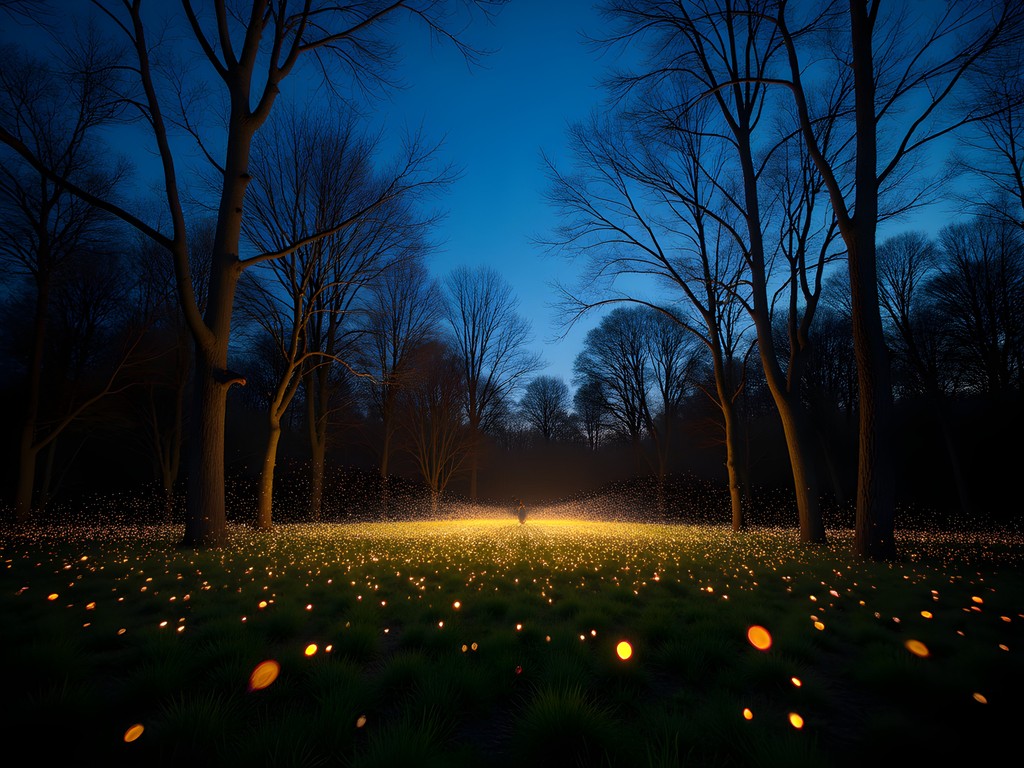 Fireflies creating light trails in forest preserve near Joliet Illinois at dusk