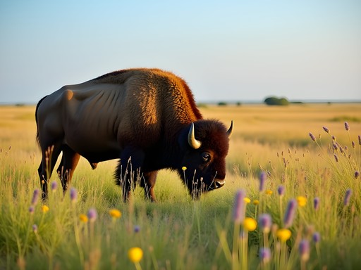 American bison grazing in restored tallgrass prairie at Midewin National Tallgrass Prairie near Joliet