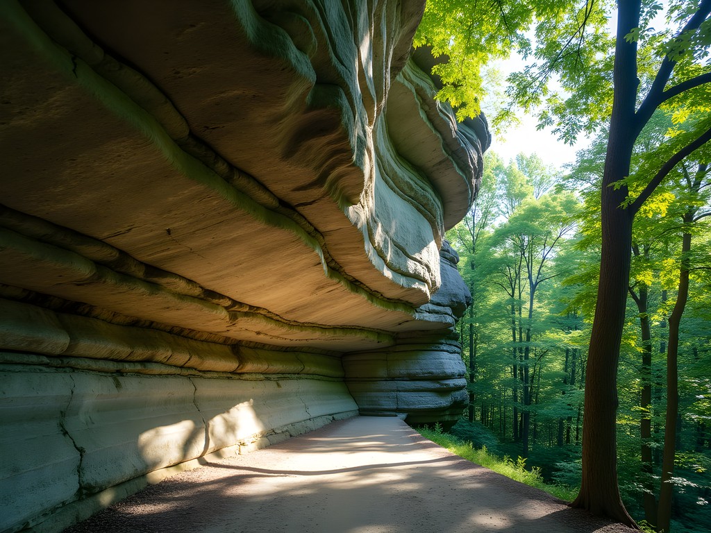 Limestone rock formations and climbing areas at Pilcher Park in Joliet Illinois
