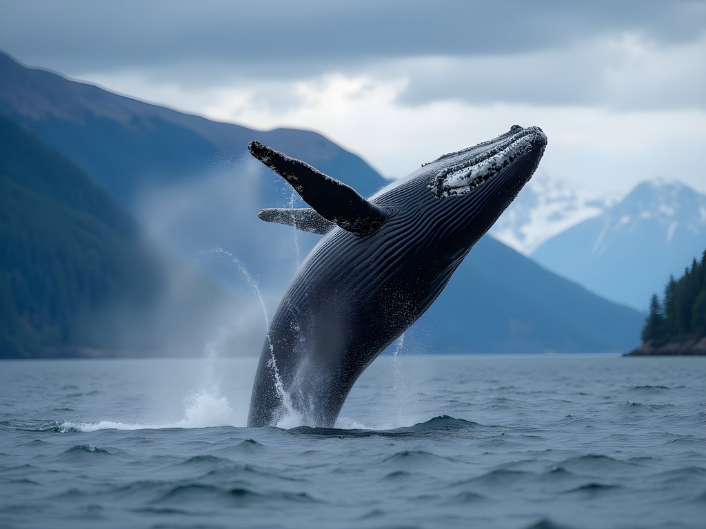 Humpback whale breaching with mountains of Juneau in background