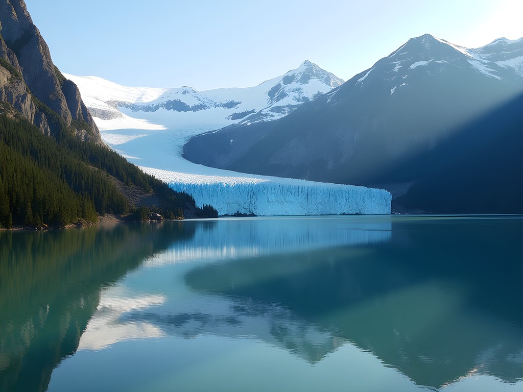 Mendenhall Glacier with reflection in lake and surrounding mountains in Juneau, Alaska