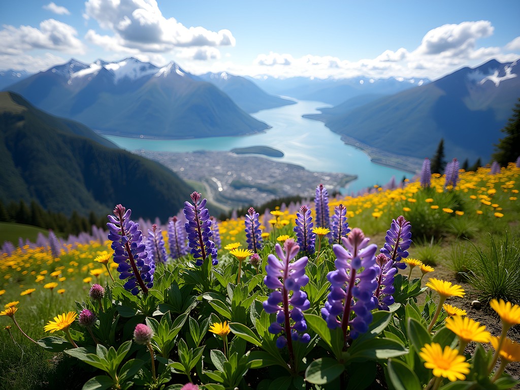 Alpine meadow with wildflowers on Mount Roberts with Juneau and Gastineau Channel visible below