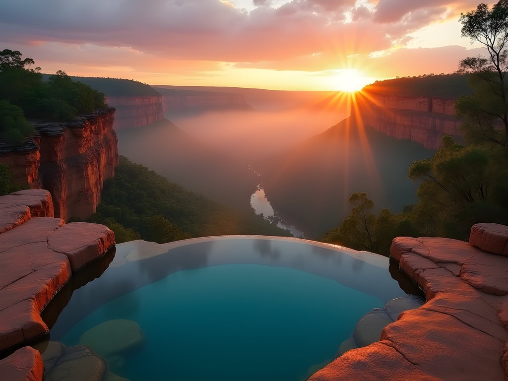 Sunrise at Gunlom Falls natural infinity pool overlooking Kakadu landscape