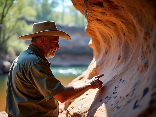 Indigenous guide explaining rock art near Kakadu waterfall to family group